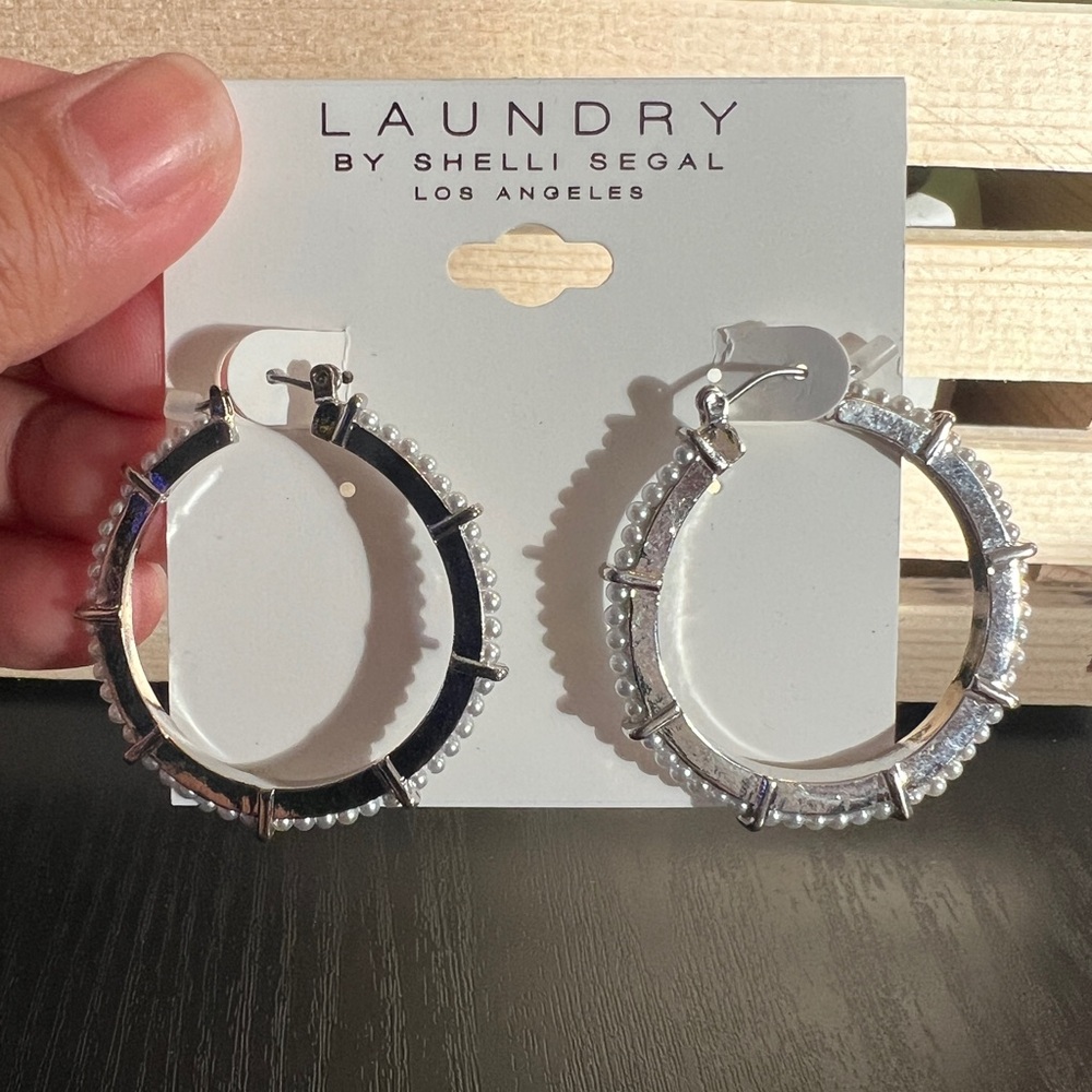 Laundry by Shelli Segal Silver Faux Pearls Hoop Earrings - Picture 2 of 5